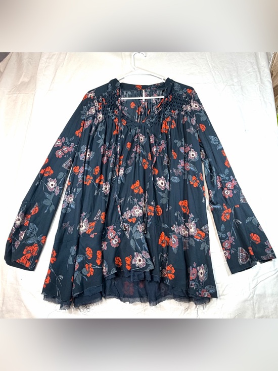 Free People Tops - Free People Charcoal Floral Smocked Tunic with Red Accents